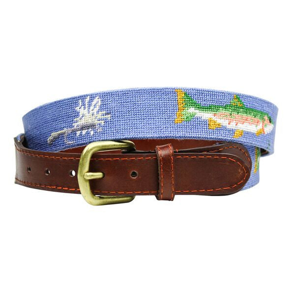 Trout and Fly Needlepoint Belt in Stream Blue   