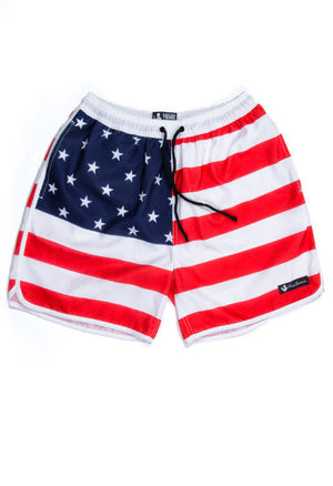 Old Glories Swim Trunks in Red, White, and Blue   