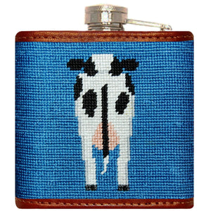Cow Needlepoint Flask in Blue   