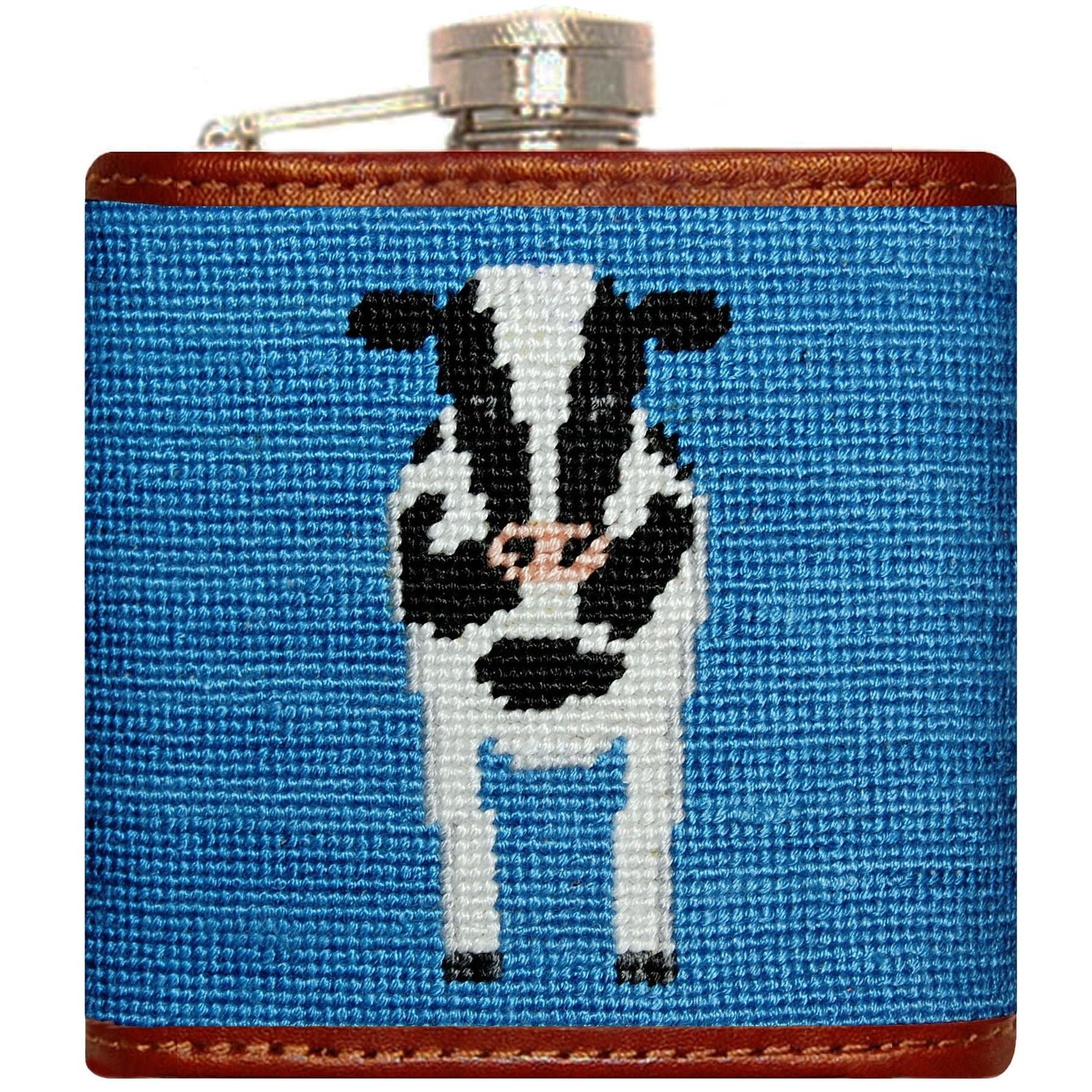 Cow Needlepoint Flask in Blue   