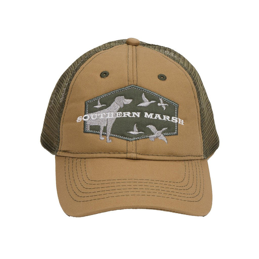 https://www.tideandpeakoutfitters.com/cdn/shop/products/Hunting_Dog_Trucker_Hat_in_Khaki_by_Southern_Marsh_2048x.jpg?v=1571308763