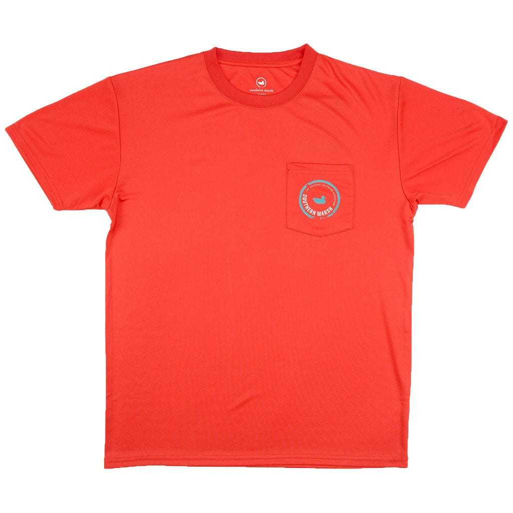 Southern Marsh FieldTec Short Sleeve Pompano Pocket Tee in Coral with Electric Blue
