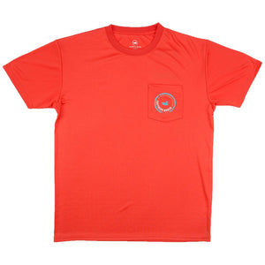 Southern Marsh FieldTec Short Sleeve Pompano Pocket Tee in Coral with Electric Blue