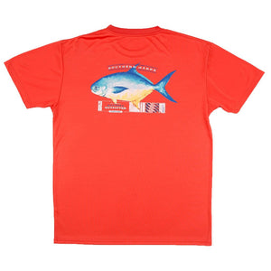 Southern Marsh FieldTec Short Sleeve Pompano Pocket Tee in Coral with Electric Blue