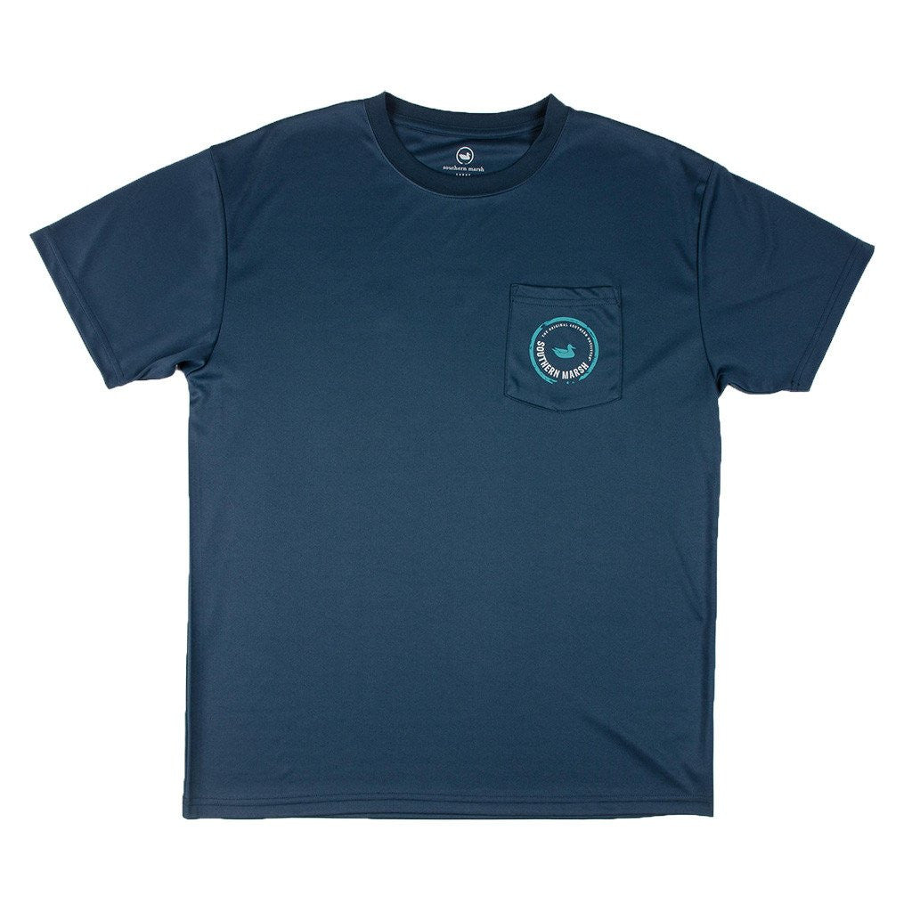 Southern Marsh FieldTec Short Sleeve Snapper Tee in Slate with Aquamarine