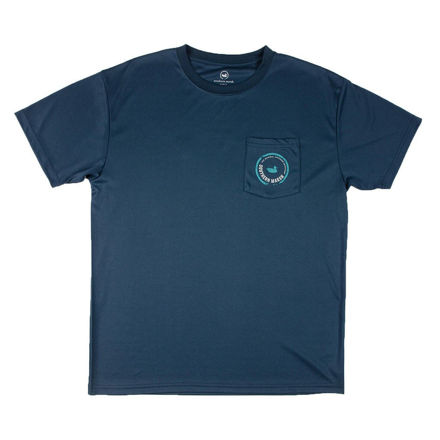Southern Marsh FieldTec Short Sleeve Snapper Tee in Slate with Aquamarine
