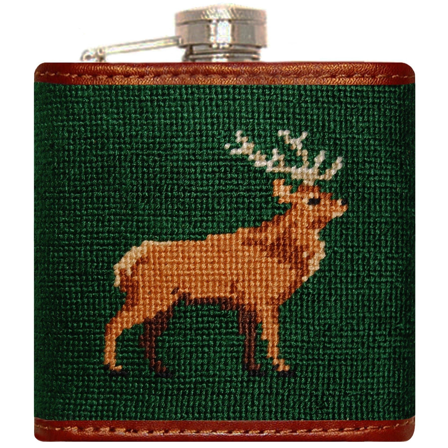 Stag Needlepoint Flask in Green  