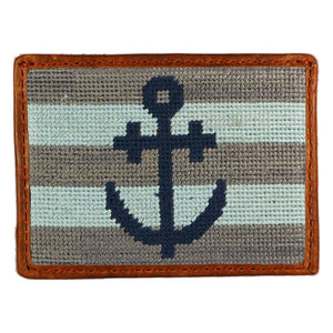 Striped Anchor Needlepoint Credit Card Wallet in Blue and Grey by Parlour  - 1