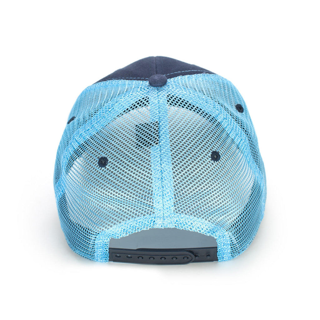 The Southern Shirt Co. Trademark Badge Mesh Back Trucker Hat in Twilight and Carolina Blue