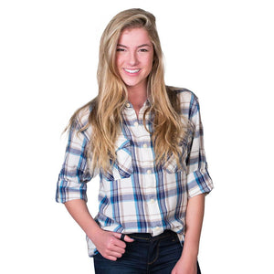 Chelsea Harley Flannel Long Sleeve Two Pocket Shirt in Blue/Natural   - 1