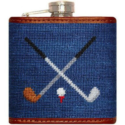 Crossed Golf Clubs Needlepoint Flask in Navy  