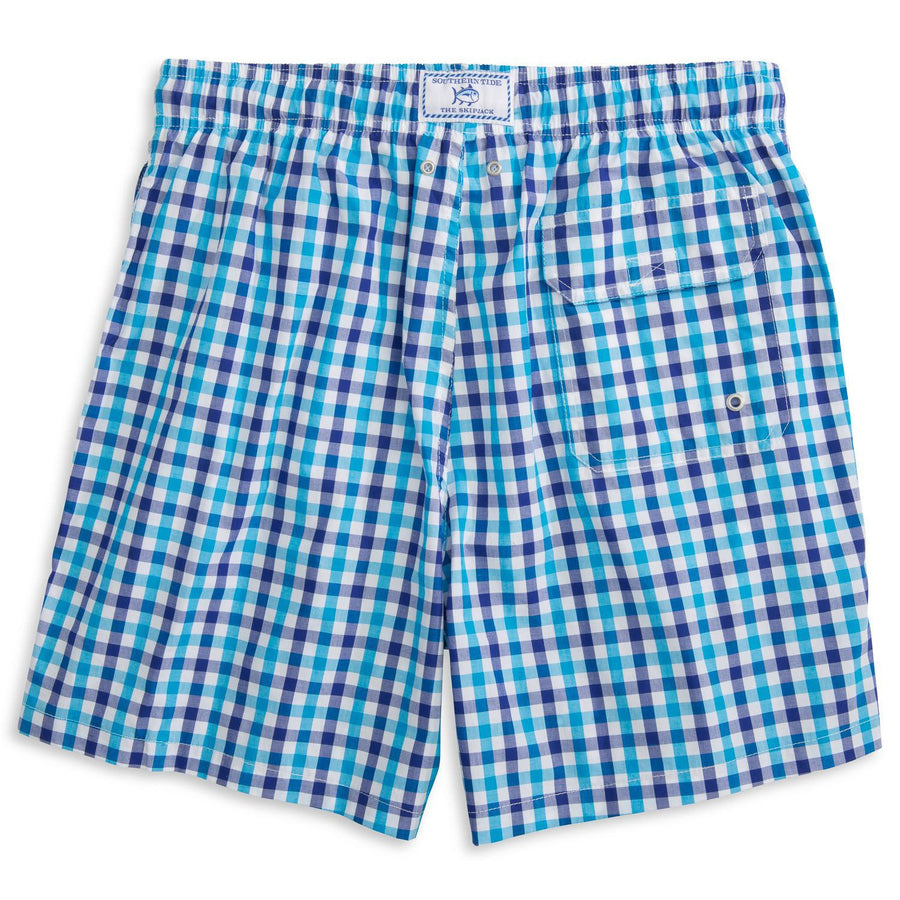 Gingham Swim Trunks in Scuba Blue   