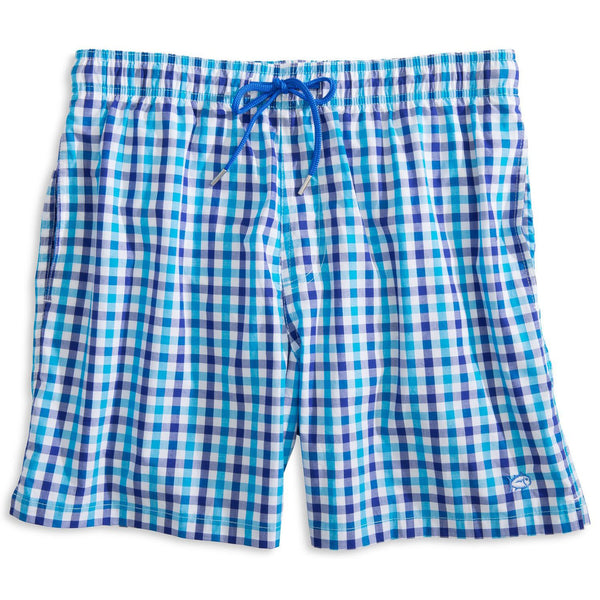 Gingham Swim Trunks in Scuba Blue   
