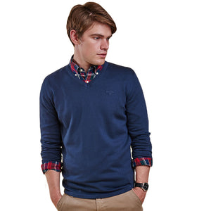 Lightweight V Neck Jumper in Navy by Barbour  - 1