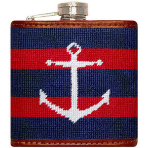 Striped Anchor Needlepoint Flask in Navy and Red  