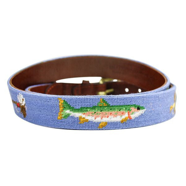 Trout and Fly Needlepoint Belt in Stream Blue   